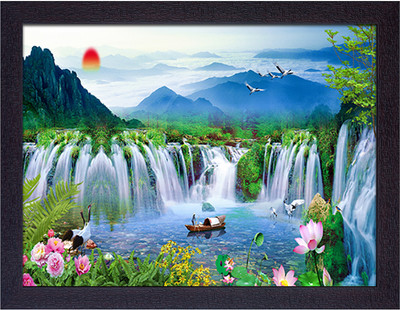 Masstone Vastu Natural Waterfall UV Matt Textured Effect Framed HD Digital Reprint 11 inch x 14 inch Painting(With Frame)