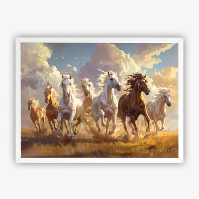 DECO THE HOME 7 Running Horses Vastu Wall Art Frame, Lucky Horse Painting for Home & Office Digital Reprint 12 inch x 9 inch Painting(With Frame)