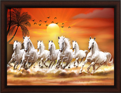 Masstone Lucky Seven Running Horses Vastu UV Sugar Matt Textured Effect Framed HD Digital Reprint 11 inch x 14 inch Painting(With Frame)