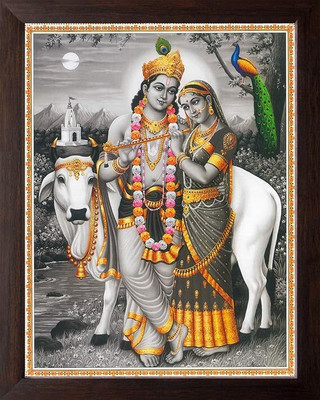 LVY ART Shree Krishna and Radha Playing with Flute with his Cow HD Printed Digital Reprint 12 inch x 8 inch Painting(Without Frame)