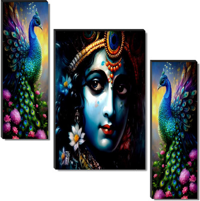HALRE Set Of 3 Radha Krishna Uv Textured Self Addehsive Wall Painting For Living Room Digital Reprint 12 inch x 18 inch Painting(Without Frame, Pack of 3)
