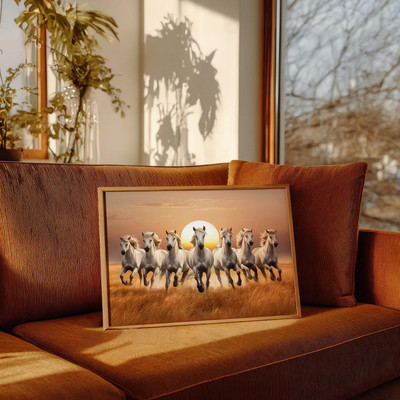 DECO THE HOME 7 White Horses Vastu Wall Art | Running Horses Painting with Rising Sun for Home Digital Reprint 12 inch x 9 inch Painting(With Frame)