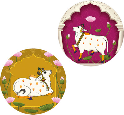 Indianara Set of 2 Pichwai Round Shape Wall Painting for living room/Home/Bedroom/Office Digital Reprint 12 inch x 12 inch Painting(Without Frame, Pack of 2)