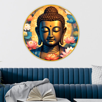 SAF PRINT Buddha Wall Art with Lotus Flowers | Round Golden Frame Painting(Multicolor)