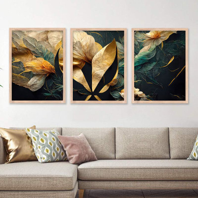 Wallcano New1_Leaf Print Painting Digital Reprint 11 inch x 14 inch Painting(With Frame, Pack of 3)