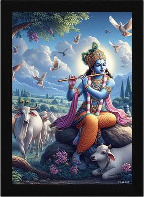 FRIZZY ARTS Lord Krishna with Flute & Cows A4 Digital Reprint 13 inch x 10 inch Painting(With Frame)