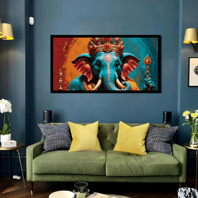 Luminary The Art Gallery // Large Landscape Modern Spiritual Wall Painting of Lord Ganesha Canvas 26 inch x 50 inch Painting(With Frame)