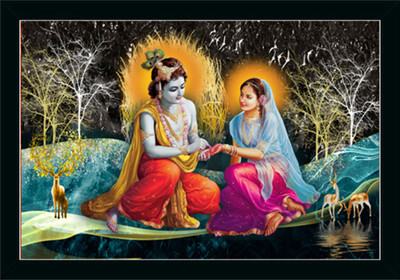Dharvika Prime Radha krishna photo frame with sparkle coated lamination Digital Reprint 20 inch x 14 inch Painting(With Frame)