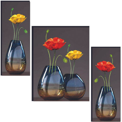 WALLSTOXX Set Of 3 Flower Pot Self Adhesive 12 Inch X 18 Inch MDF Wall Art Painting Digital Reprint 18 inch x 12 inch Painting(Without Frame, Pack of 3)