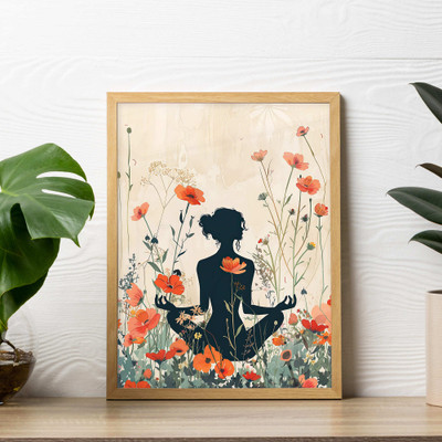 DECO THE HOME Meditation Wall Art Frame | Yoga with Floral Botanical Frame for Home Decor Digital Reprint 12 inch x 9 inch Painting(With Frame)