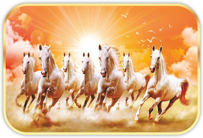 saf 7 Running Horses Sparkle Glossy Round Golden Framed Large Painting Digital Reprint 12 inch x 20 inch Painting(With Frame)