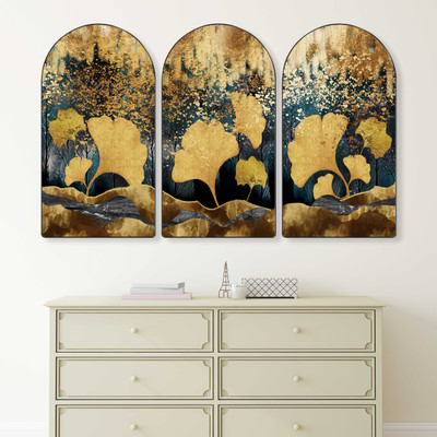 saf Golden Ginkgo Leaf Abstract Wall Painting | Luxury Triptych Modern Art on MDF Digital Reprint 30 inch x 50 inch Painting(With Frame, Pack of 3)