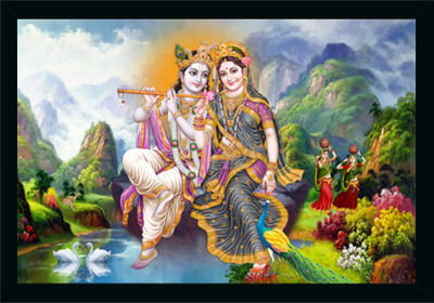 Dharvika Prime Radha krishna photo frame with sparkle coated lamination Digital Reprint 20 inch x 14 inch Painting(With Frame)