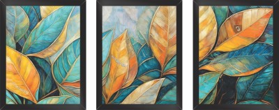 Decor Villa 3D Golden And Green Leafs Acrylic 13.5 inch x 10.5 inch Painting(With Frame, Pack of 3)