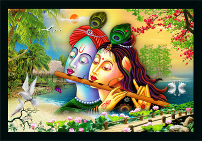 Dharvika Innovations Radha krishna photo frame with sparkle coated lamination Digital Reprint 14 inch x 20 inch Painting(With Frame)