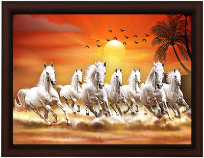 Masstone Lucky Seven Running Horses Vastu UV Matt Textured Effect HD Framed Digital Reprint 11 inch x 14 inch Painting(With Frame)