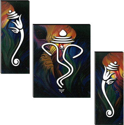 Indianara Lord Ganesha MDF Art (3708FL) without glass (4.5 X 12, 9 X 12, 4.5 X 12 INCH) Digital Reprint 12 inch x 18 inch Painting(With Frame, Pack of 3)