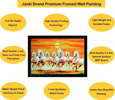 Janki Lucky Seven (7) White Running Horses Vastu Wall Painting Canvas 14 inch x 20 inch Painting(With Frame)