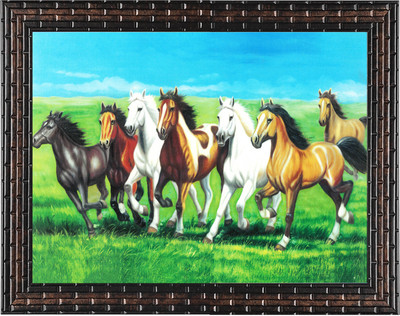 Indianara Indianara Vastu Seven Horses Painting (4451GB) without glass Digital Reprint 13 inch x 10.2 inch Painting(With Frame)
