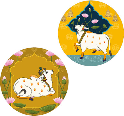 Indianara Set of 2 Pichwai Round Shape Wall Painting for living room/Home/Bedroom/Office Digital Reprint 12 inch x 12 inch Painting(Without Frame, Pack of 2)