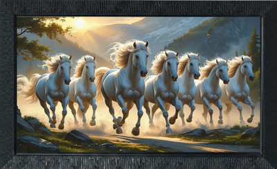 Tasvirra 7 White Horses Running Wall Art for Living Room Bedroom Office Digital Reprint 12 inch x 9 inch Painting(With Frame)