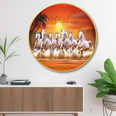 saf Seven Running Horses| Vastu Success Wealth Fortune Positive Energy golden frame Digital Reprint 20 inch x 20 inch Painting(With Frame)
