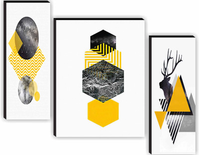 saf Modern Geometric Abstract Wall Art | Yellow, Black, and Marble Pattern Design Digital Reprint 12 inch x 20 inch Painting(With Frame, Pack of 3)