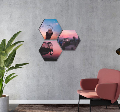 saf Wild Animal Set OF 3 Hexagon UV Textured Self adhesive Wall Painting Digital Reprint 17 inch x 17 inch Painting(Without Frame, Pack of 3)