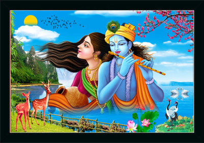 Dharvika Prime Radha krishna photo frame with sparkle coated lamination Digital Reprint 20 inch x 14 inch Painting(With Frame)