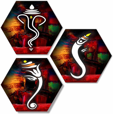 saf Set of 3 Hexagon Ganesha UV Textured Home Decorative Gift item Self adeshive Digital Reprint 17 inch x 17 inch Painting(Without Frame, Pack of 3)