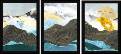 FRIZZY ARTS Set of 3 Modern Abstract Landscape Prints Digital Reprint 13 inch x 10 inch Painting(With Frame, Pack of 3)
