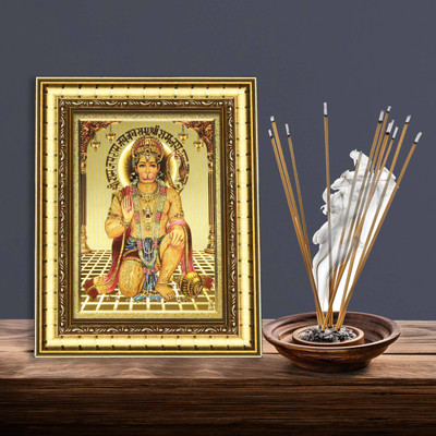 Indianara Lord Hanuman Golden Table Top -WITH GLASS Digital Reprint 9 inch x 7 inch Painting(With Frame)