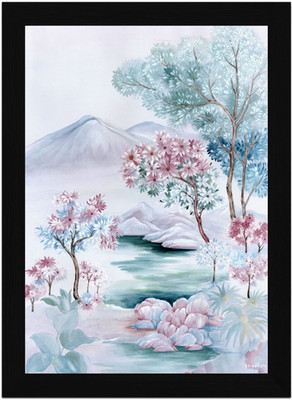 FRIZZY ARTS Pastel Dreamscape – Serene Lake & Blossoming Trees A4 Digital Reprint 13 inch x 10 inch Painting(With Frame)