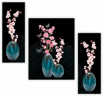 SNDArt Set Of 3 Flower Pots Wall Painting For Living Room Digital Reprint 12 inch x 18 inch Painting(Without Frame, Pack of 3)