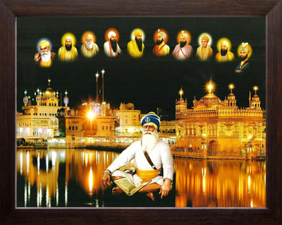 Karuna Enterprises Baba Deep Singh ji with All Ten Sikh Gurus and Golden Temple in Amritsar, Digital Reprint 13 inch x 8 inch Painting(With Frame)