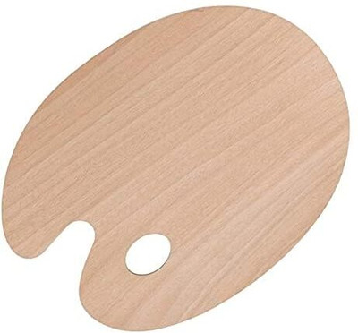 Qalam Kaari Extra Large Wooden Oval-Shaped Artist Painting Palette with Thumb Hole 1 Paint Wells Palettes(Set of 1, Beige)