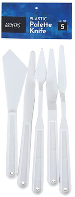 BRuSTRO Plastic Palette Painting Knives | Set of 5 (3 Cranked Handles, 2 Flat) 5 Paint Wells Palettes(Set of 5, White)