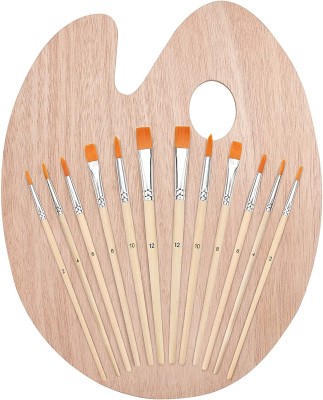 BM RETAIL Paint Brush Set with Wooden Palette (12 Brushes) & Hand Held 0 Paint Wells Palettes(Set of 1, Paint Brush Set with Wooden Palette & Hand Held Oval Palette with 12 Brushes)