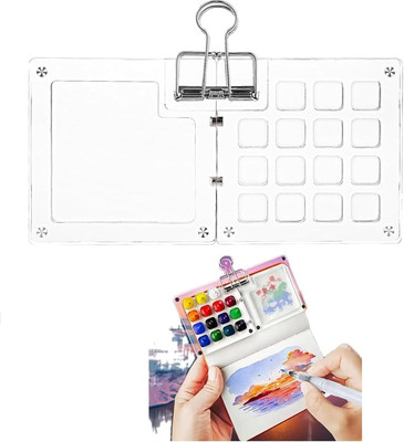 ARTISTERY Mini Watercolor Portable Paint Palette with Binder Clip for Travel Painter 15 Paint Wells Palettes  with Lid(Set of 1, Transparent, Mini Sketchbook,Acrylic Clear Travel Pocket Palette)