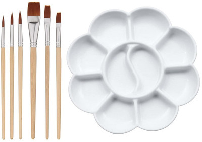 BM RETAIL 1Pcs Small FlowerPalette and 3Pcs Flat and 3Pcs Round Paint Brush Set 7 Paint Wells Palettes(Set of 1, Multicolor)