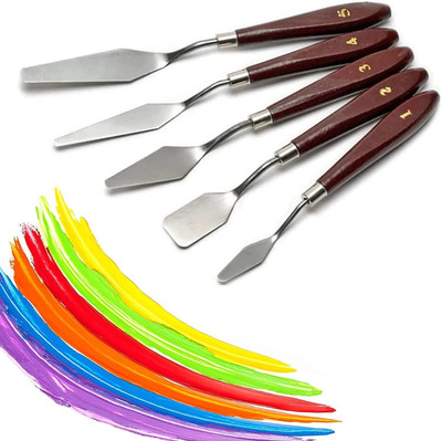 ARTISTERY Artist Palette Painting Knives Various Sizes & Shapes, Steel Scraper Spatula 5 Paint Wells Palettes(Set of 5, Brown, Artist Canvas Oil Paint Color Mixing)