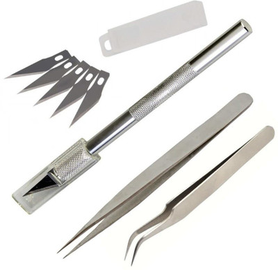 vadda bai Detail Knife Handle with 5 Interchangeable Blades and 2 Stainless Steel Tweezers Metal Grip Hand-held Paper Cutter(Set Of 3, Silver, Black)