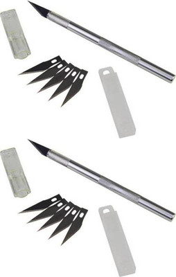 Reshma 2pc Detail Pen Knife with 25 Interchangeable Sharp Blades Metal Grip Hand-held Paper Cutter(Set Of 1, Silver)