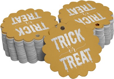 Inkdotpot Pack of 100 Silver Foil Paper Tags Trick Or Treat Halloween Favor Hang Tags No Paper Label(Gold)