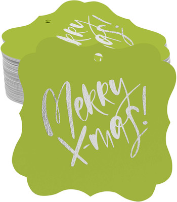 Inkdotpot Pack of 100 Paper Tag Silver Foil Merry X-Mas Christmas Favor Bracket Shape Hang No Paper Label(Green)