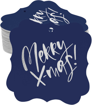 Inkdotpot Pack of 100 Silver Foil Bracket Shape Paper Tags Merry X-Mas Christmas Favor No Paper Label(Blue)