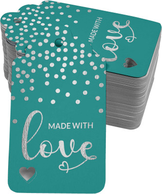 Inkdotpot Silver Foil Paper Hang Tags Made with Love Text Favor Tags 100 Pack No Paper Label(Green)