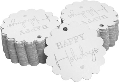 Inkdotpot Pack of 100 Silver Foil Paper Tags Happy Holiday Favor Hang Tags No Paper Label(White)