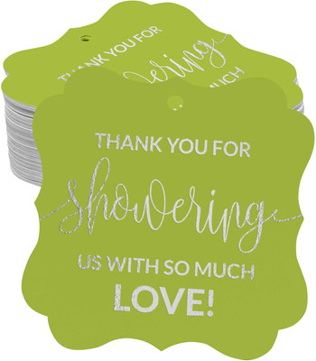Inkdotpot Pack of 100 Silver Foil Bracket Shape Thank You Baby/Bridal Shower Favor Tags No Paper Label(Green)
