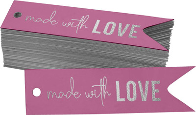 Inkdotpot Pack of 100 Silver Foil Paper Tags Made with Love Text Favor Hang Tags No Paper Label(Pink)